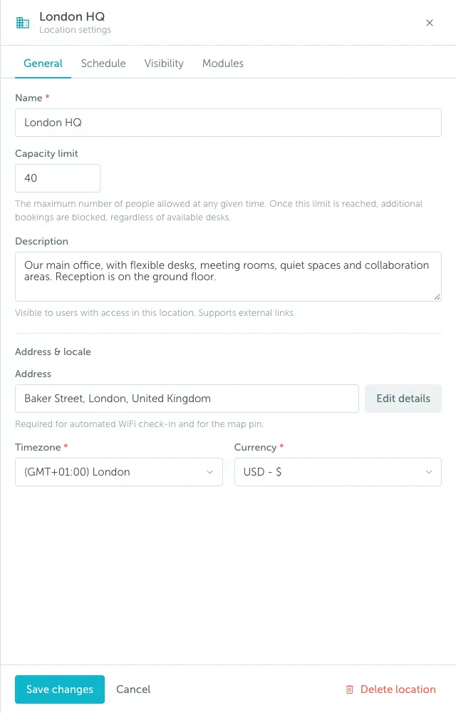 Location General tab showing the Capacity limit