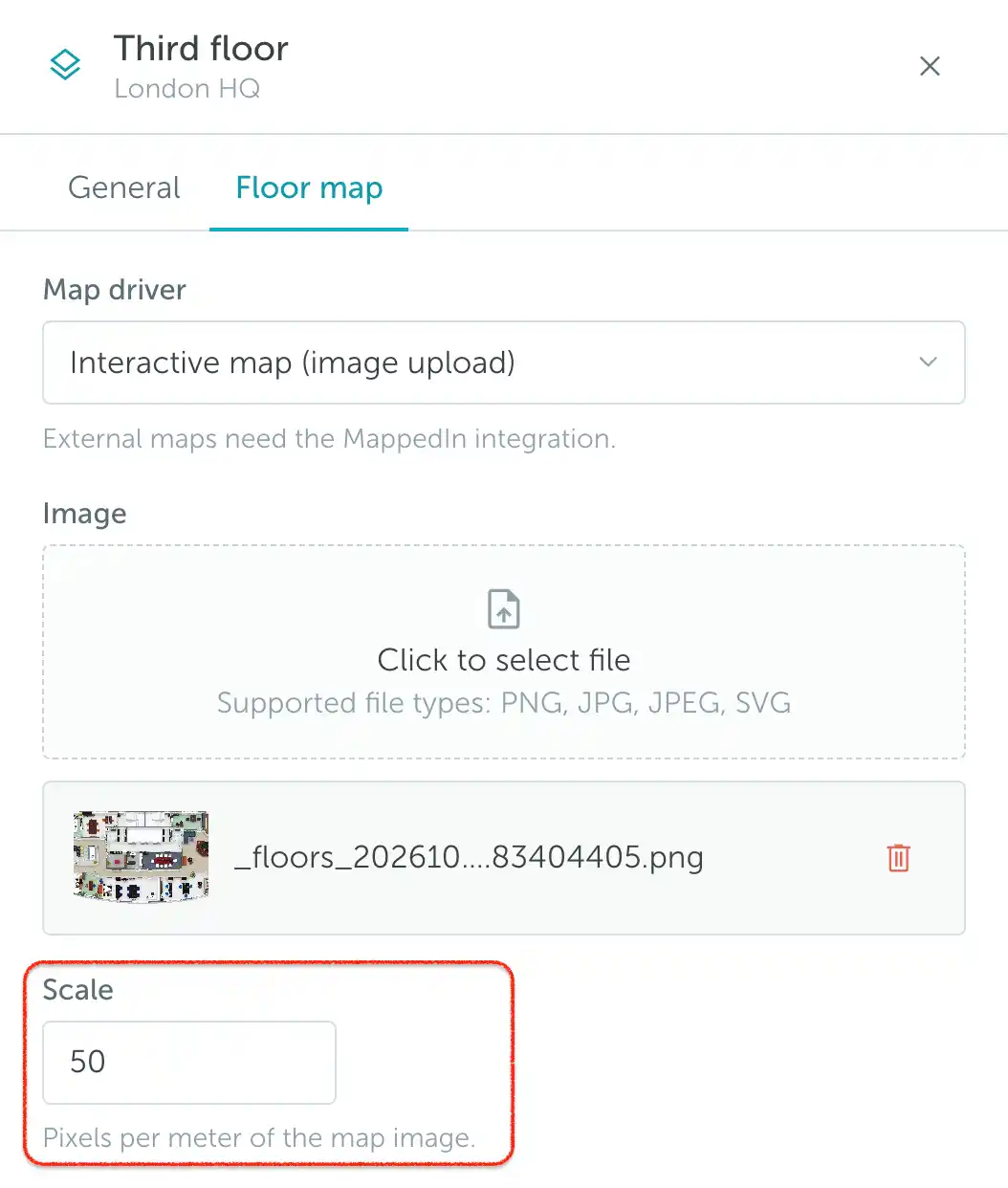 Floor map settings with the Scale field highlighted
