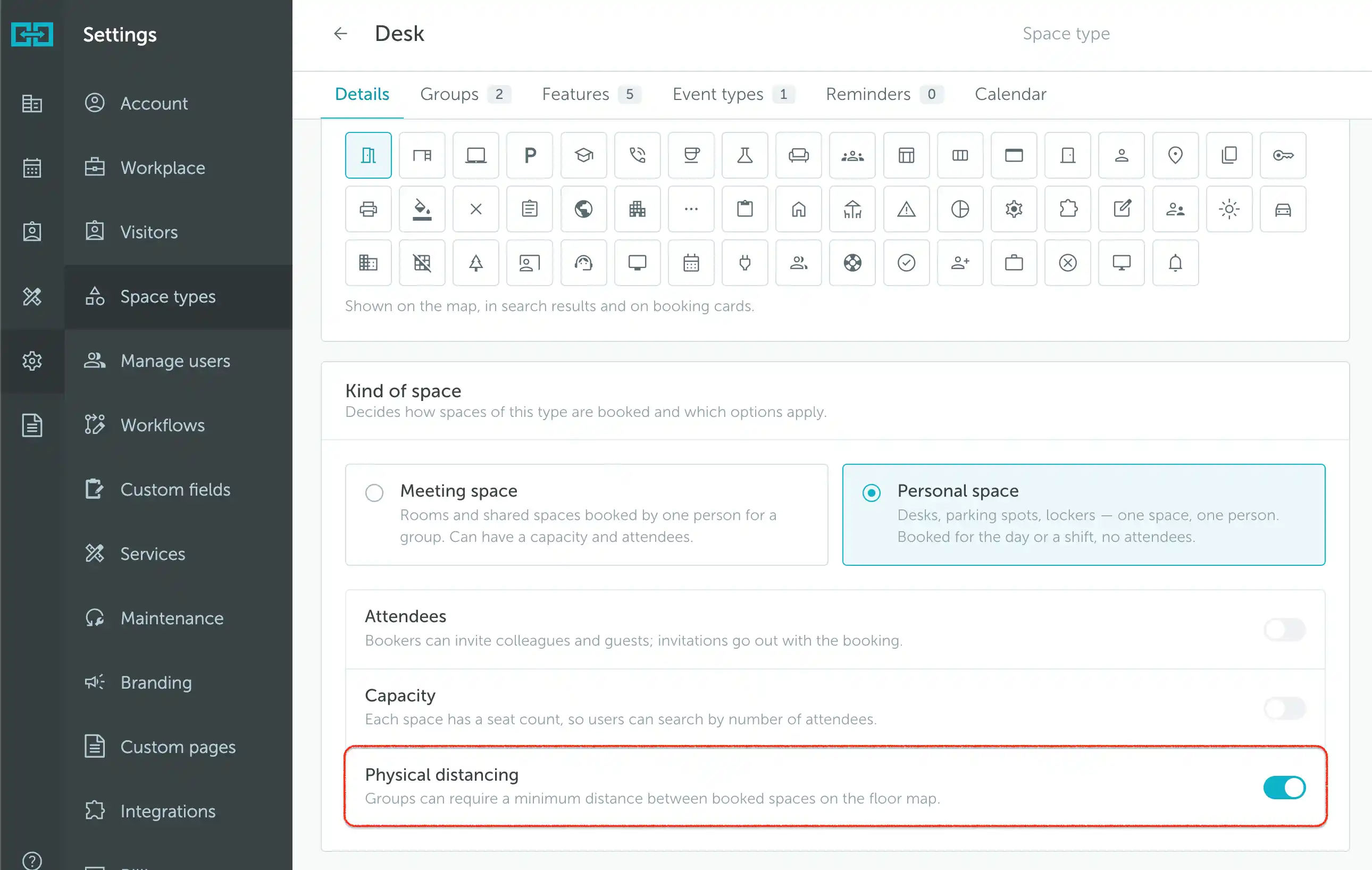 Physical distancing enabled in the space type Details tab