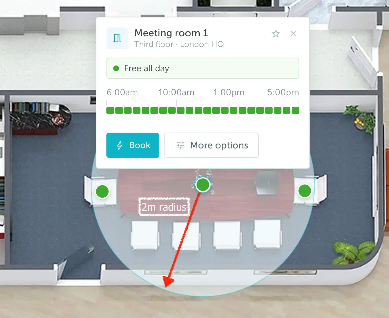 Map popup with an annotated 2-meter distancing radius