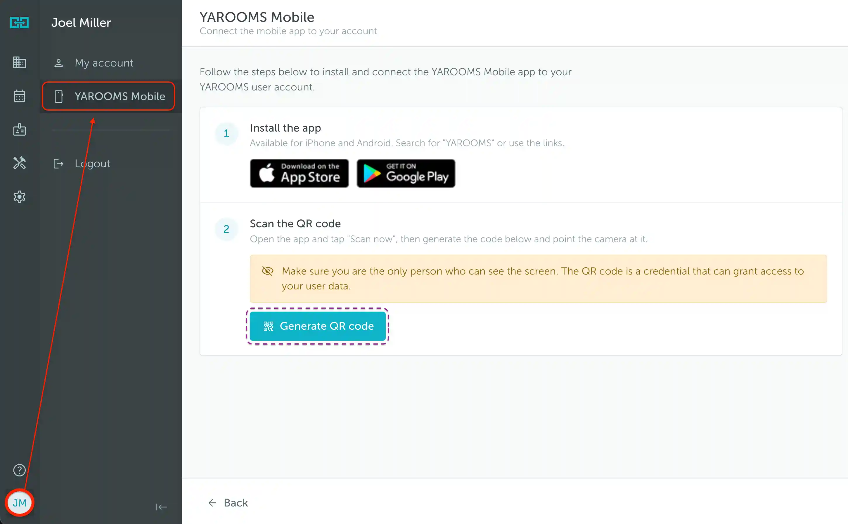 Profile menu and YAROOMS Mobile page showing where to generate the account-linking QR code