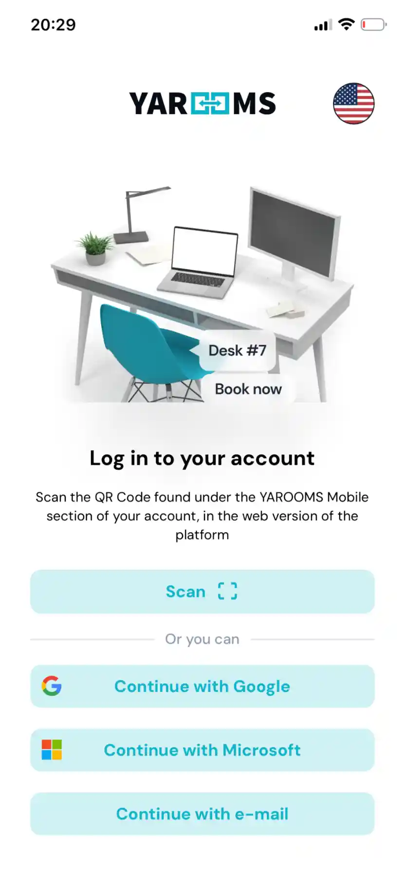 YAROOMS mobile login screen with Scan, Google, Microsoft, and email options