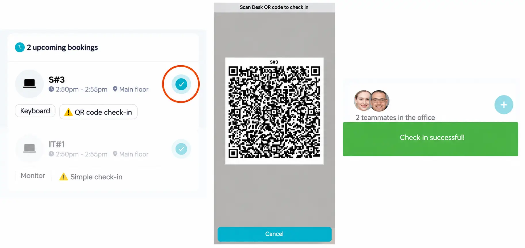 Mobile QR check-in sequence showing the booking, scanner, and success message