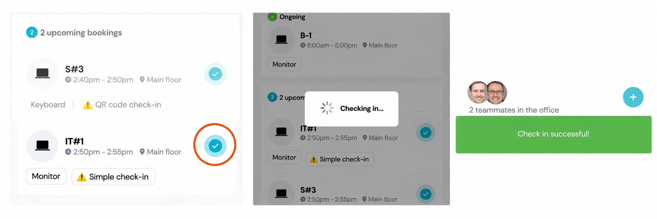 Mobile simple check-in sequence from the booking button to the success message