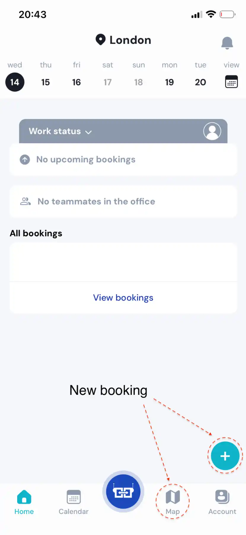 YAROOMS mobile home screen highlighting the plus button and Map for creating a booking