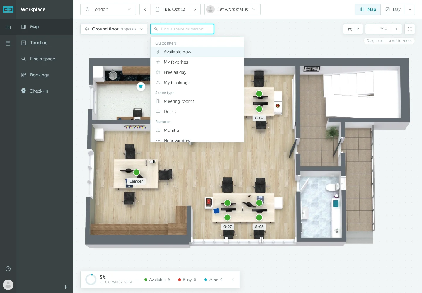 Regular user Map search menu with space types and features