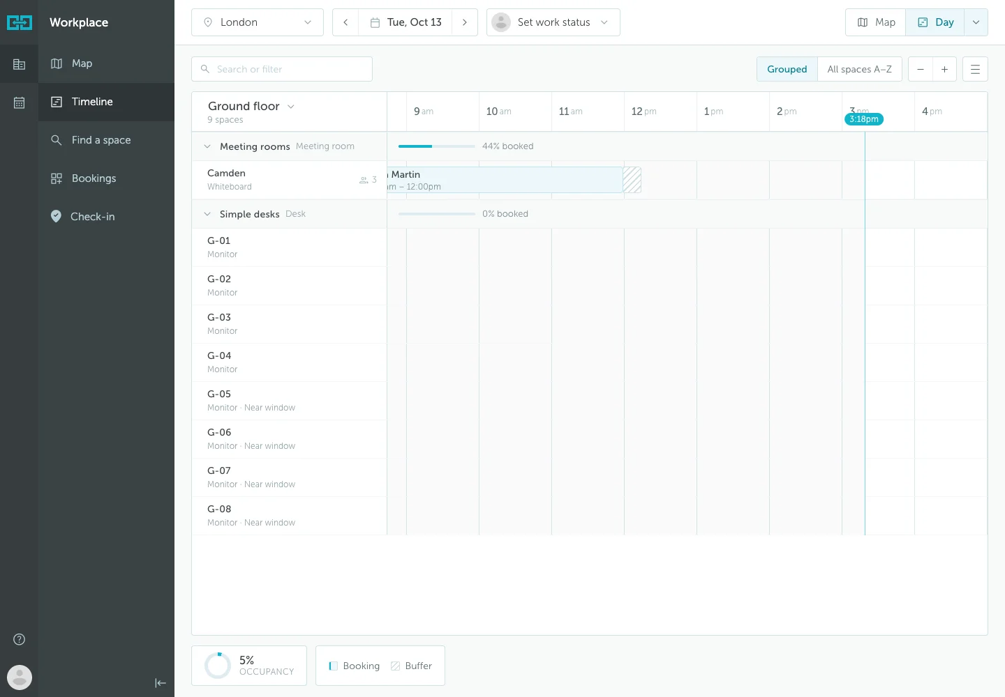 Regular user Timeline showing meeting rooms and desks on the Ground floor