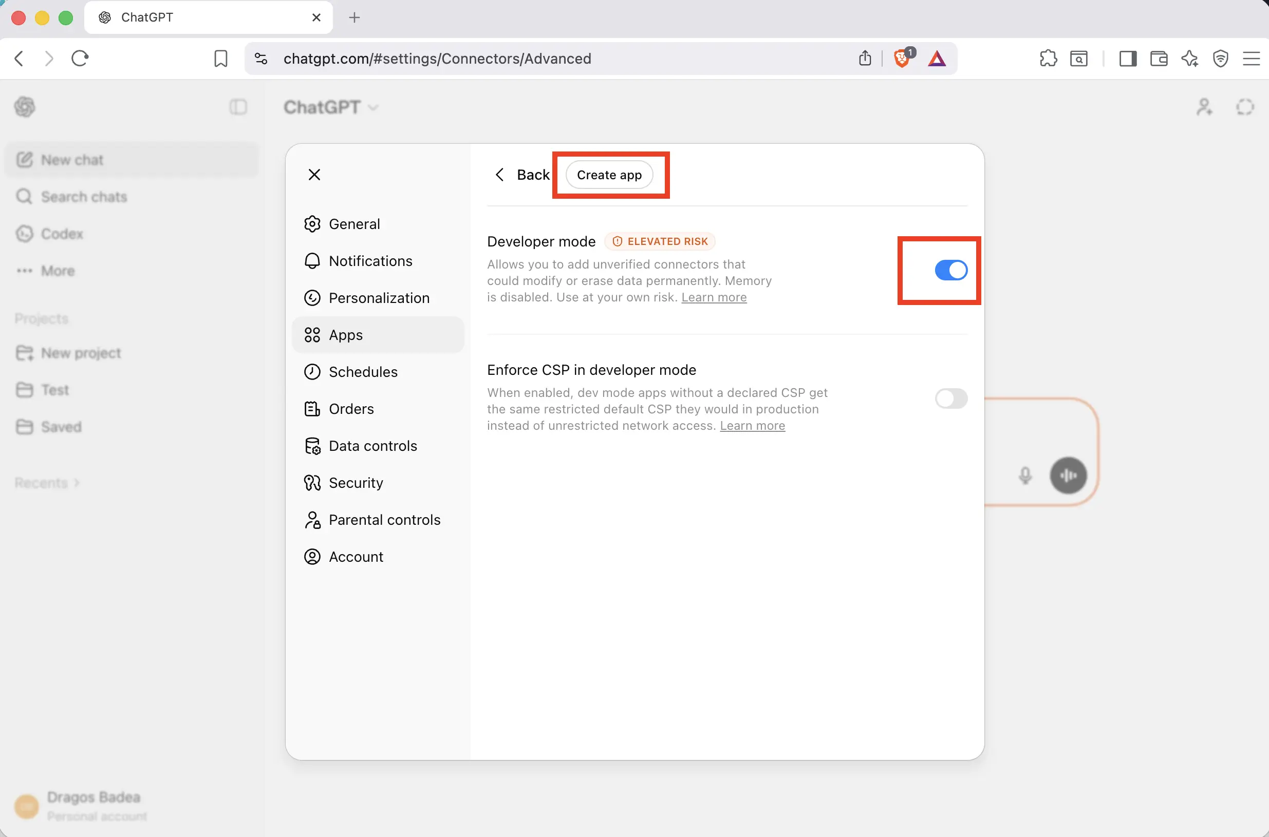Enable Developer mode and click Create app