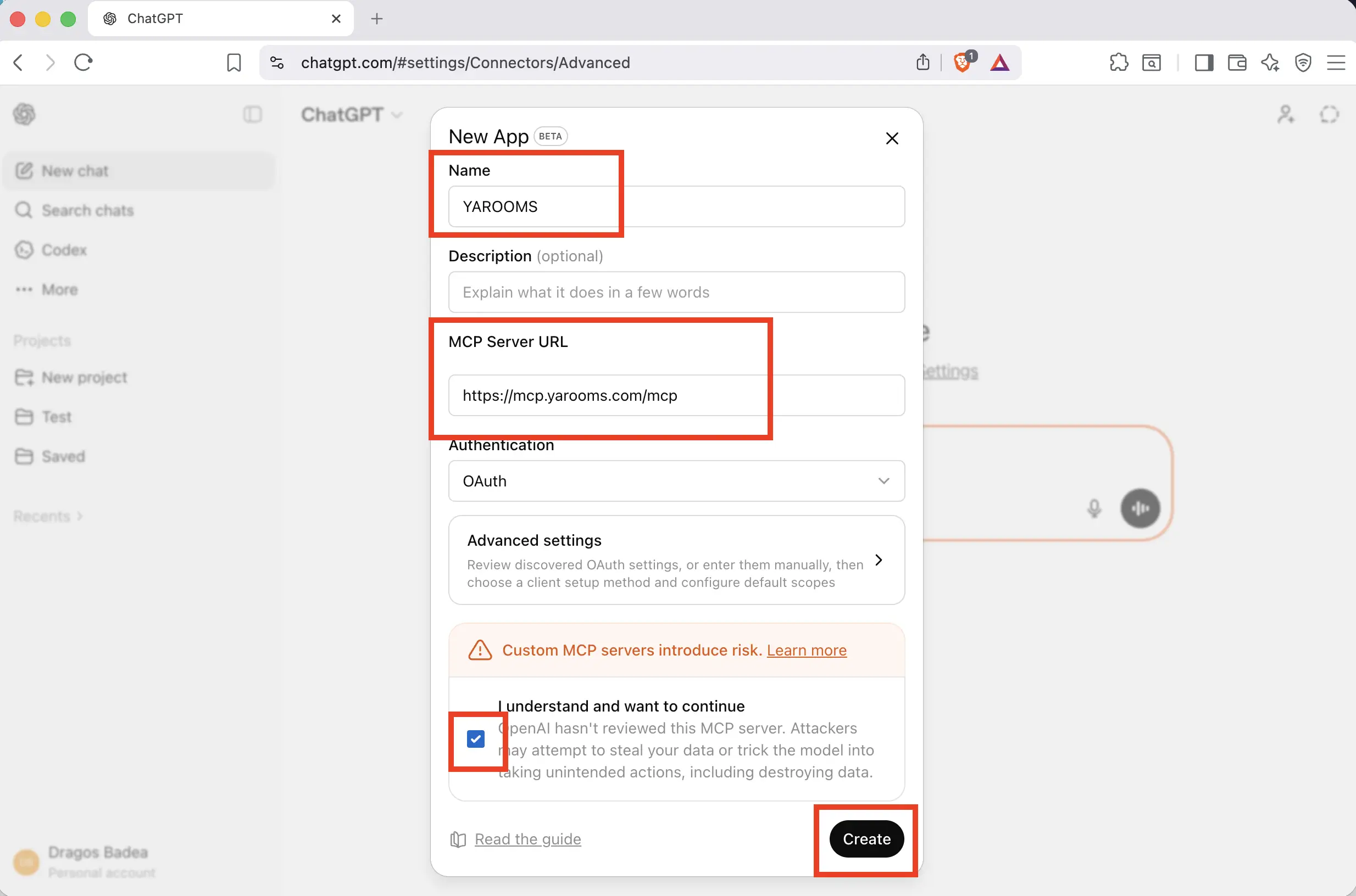 Enter YAROOMS name, server URL, check the checkbox, and click Create