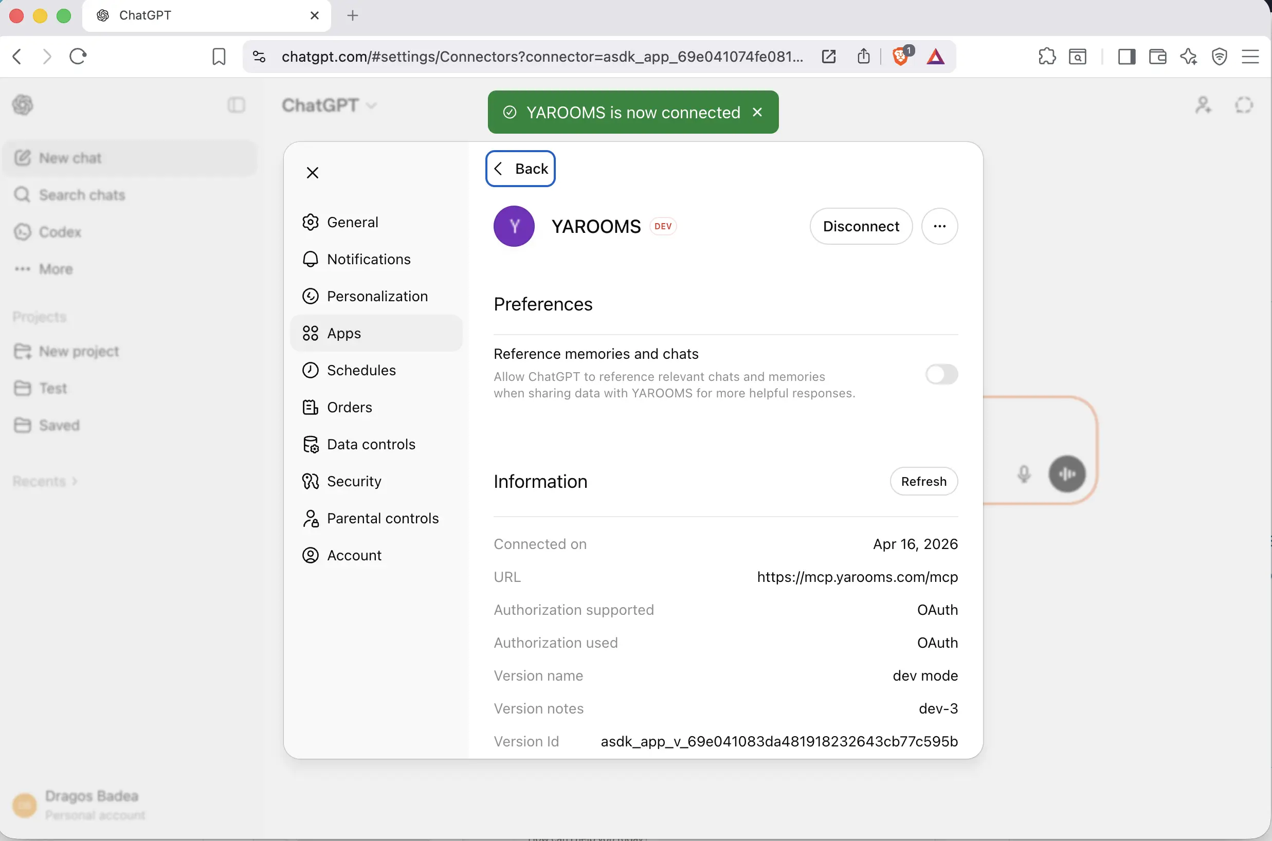 YAROOMS is now connected confirmation