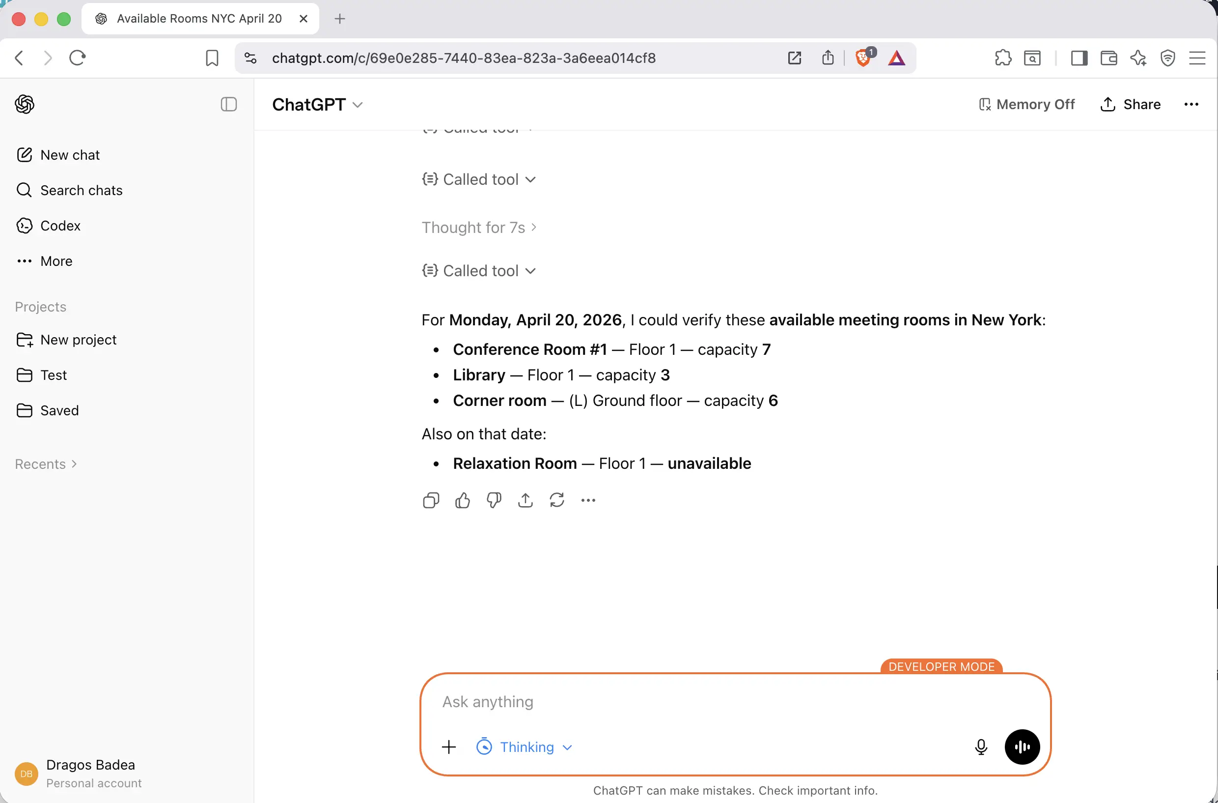 ChatGPT showing available room results
