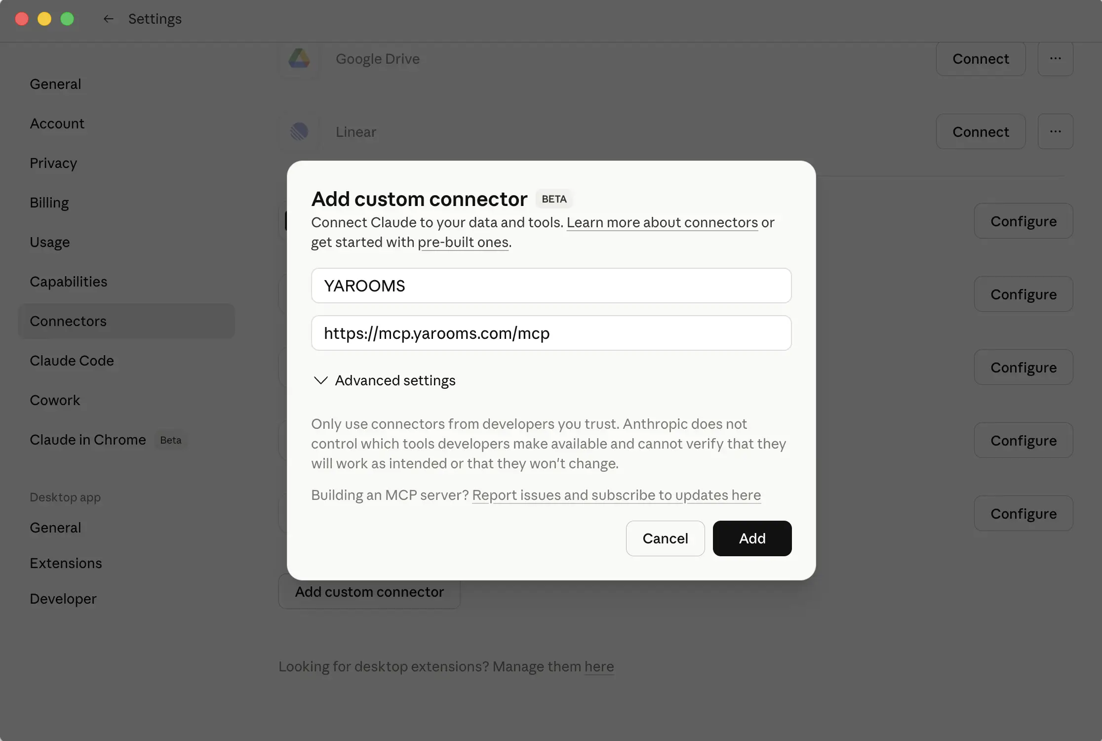 Enter YAROOMS name and server URL, then click Add