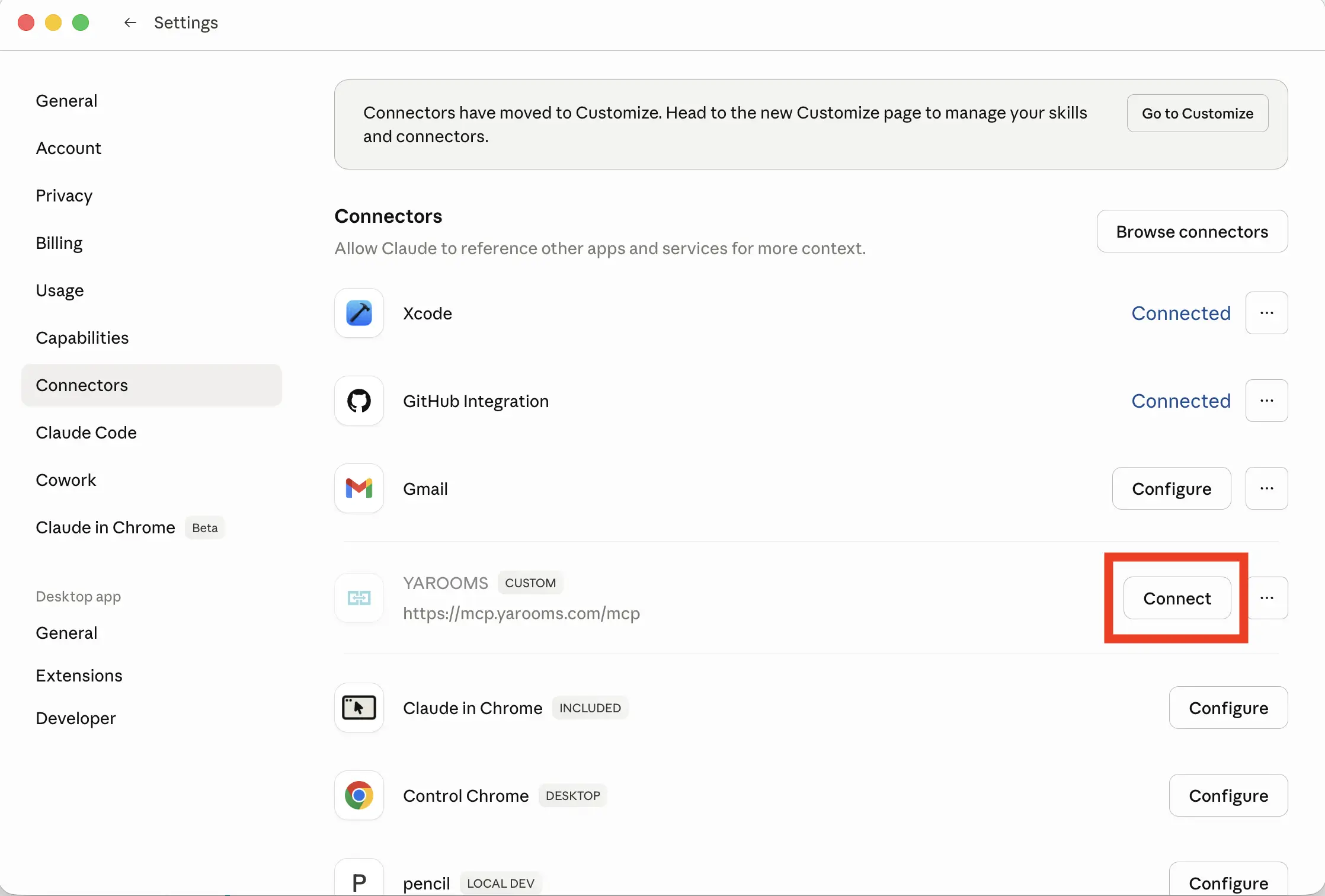 Click Connect next to the YAROOMS connector