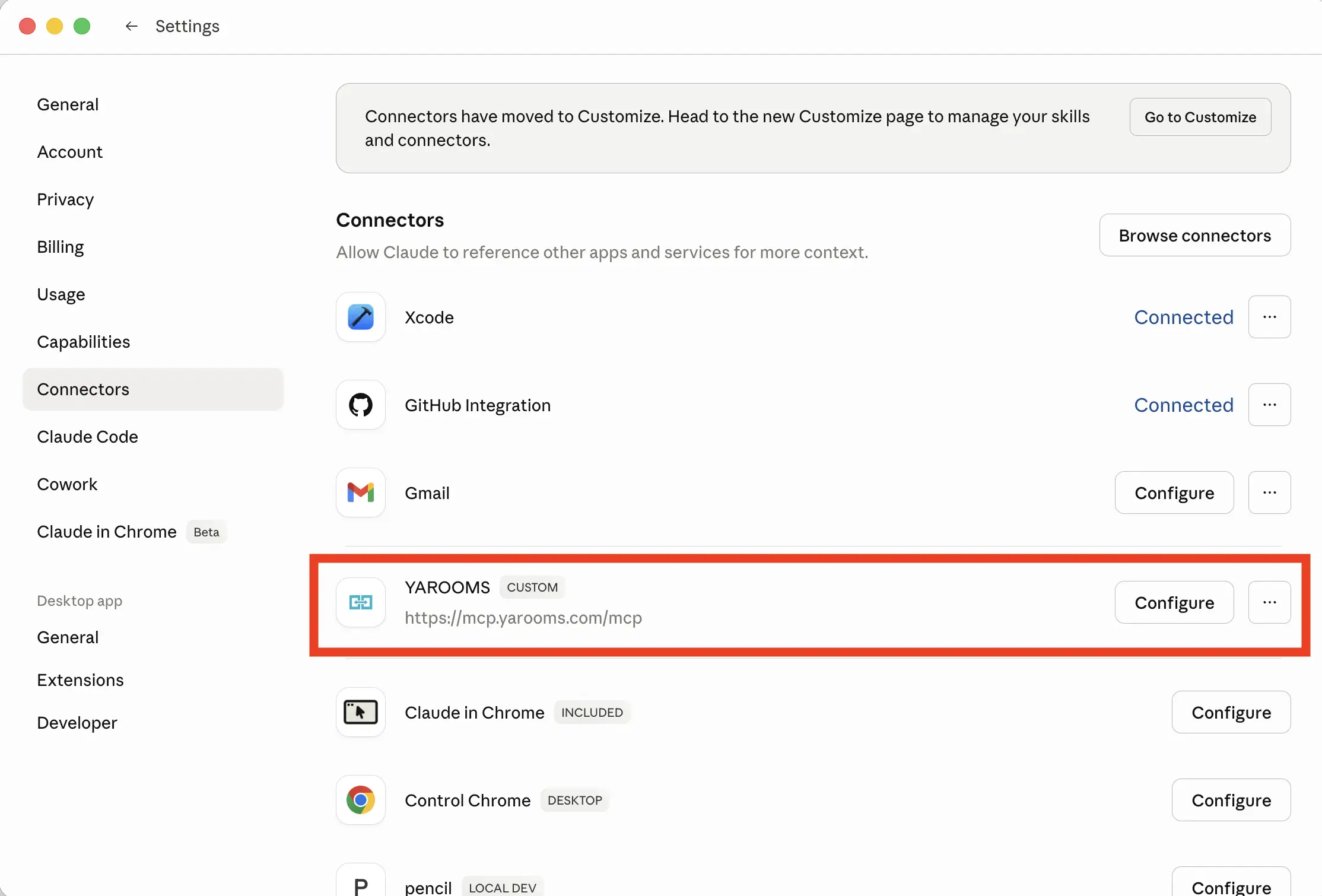 YAROOMS connector showing Configure status