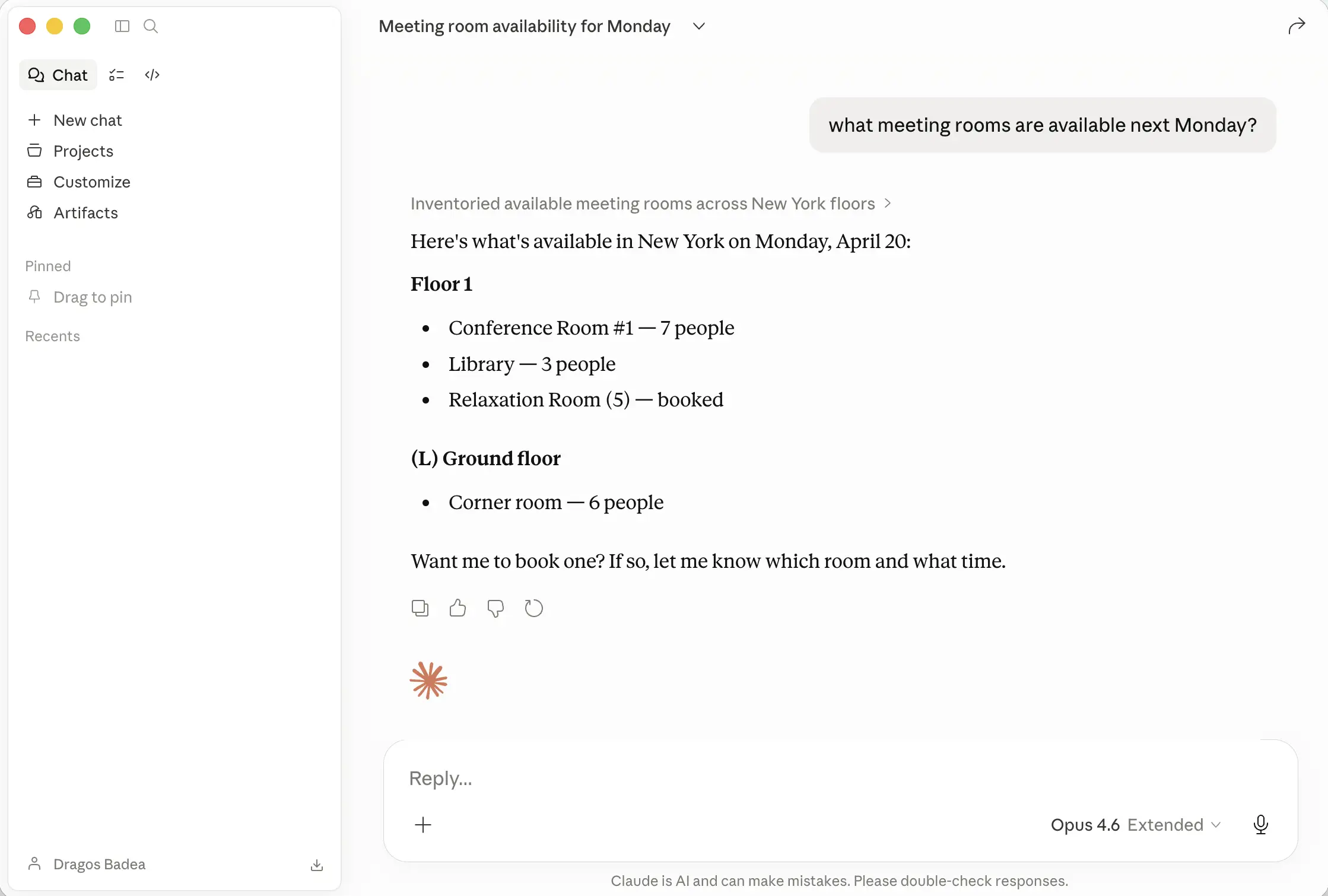 Claude conversation showing YAROOMS meeting room availability