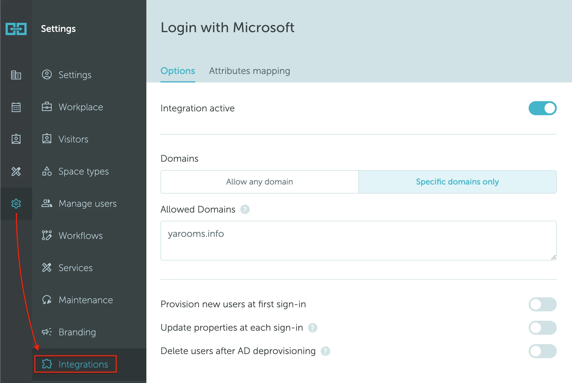 Login with Microsoft integration settings in YAROOMS