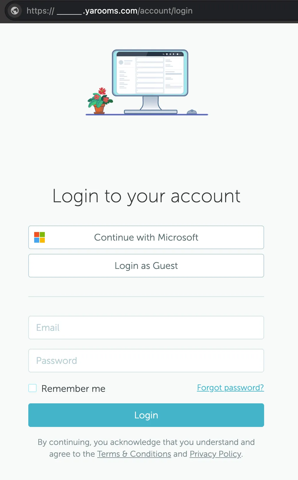 YAROOMS account login page