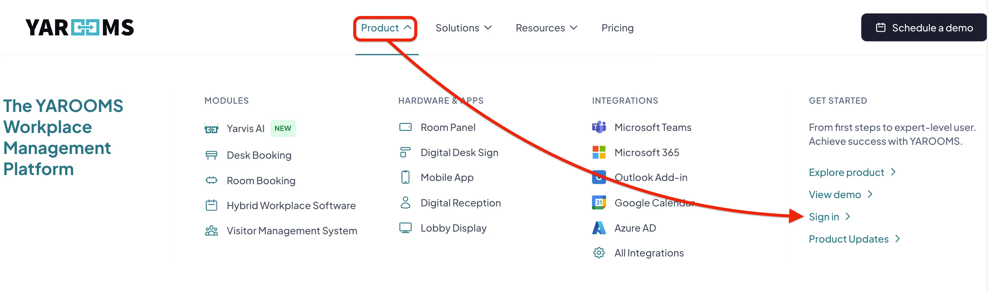Product menu showing the Sign in option