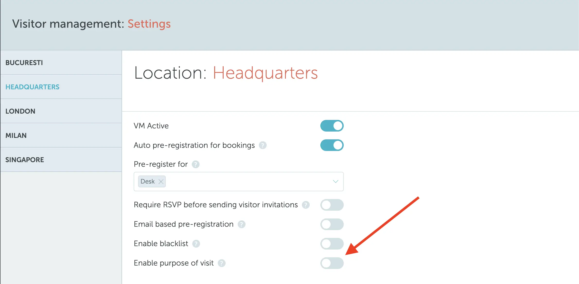 Enable purpose of visit toggle in location settings