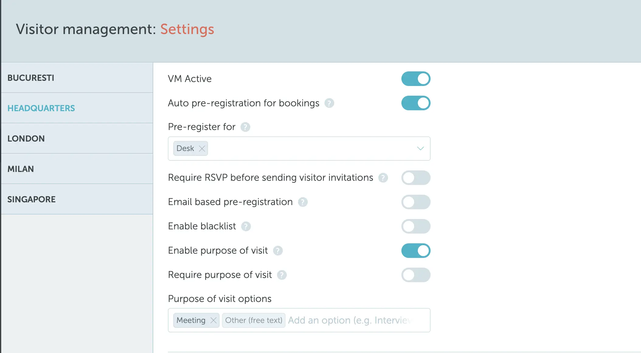 Purpose of visit fields after enabling