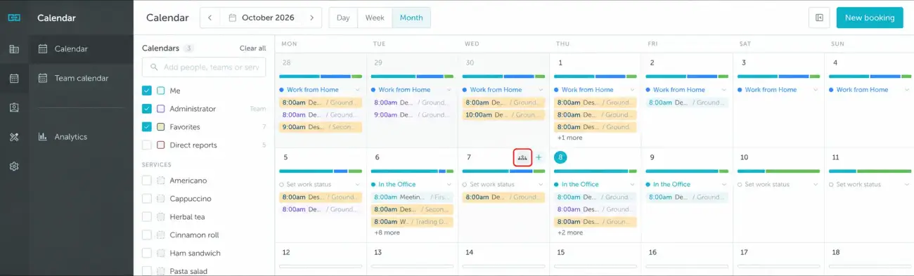 Calendar Month view with the team-status icon for October 7 highlighted in red