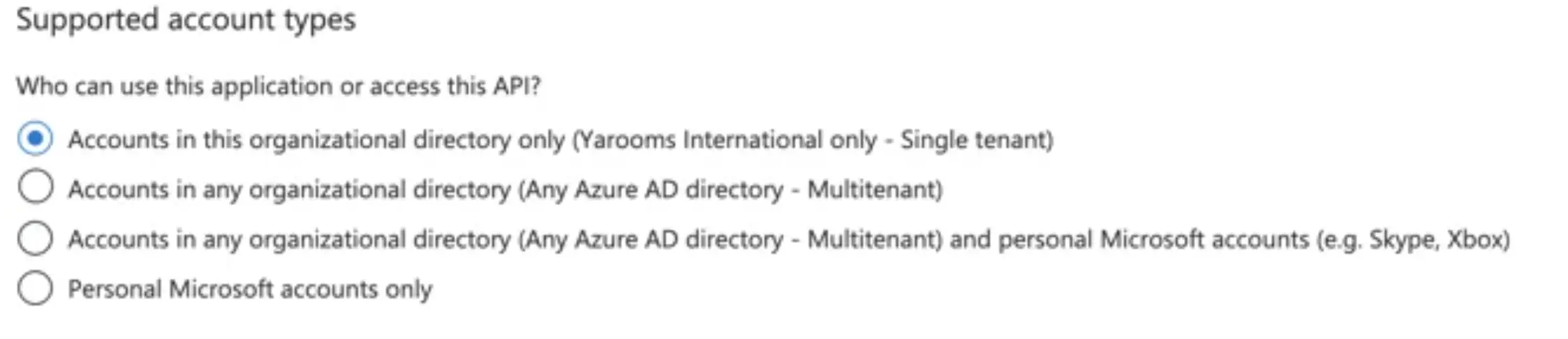 New application registration with Single tenant selected in Azure Portal