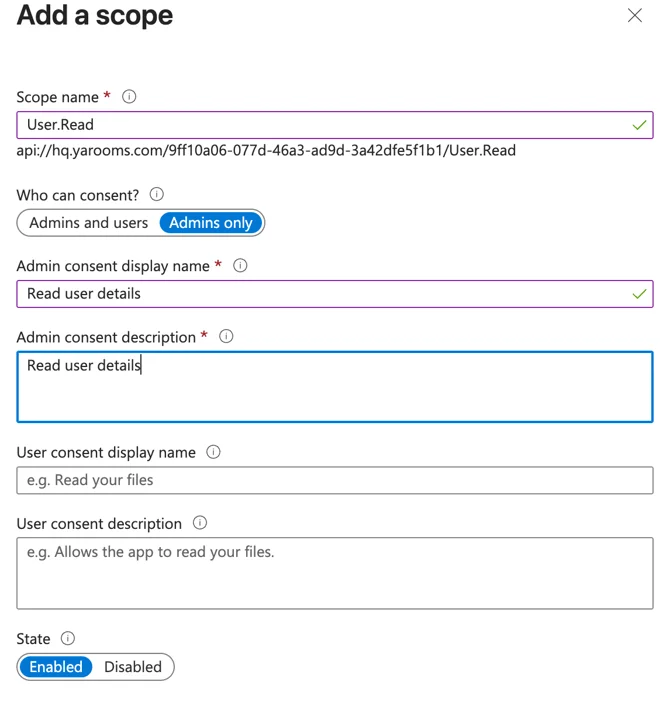 Add a scope dialog in Azure Portal