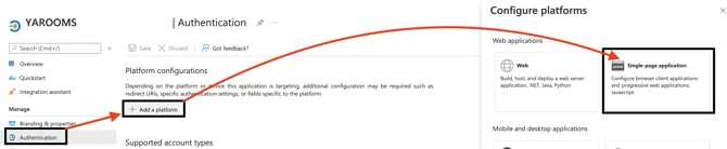 Add a platform with Single-page application selected in Azure Portal