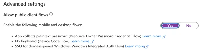 Authentication settings with public client flows enabled in Azure Portal