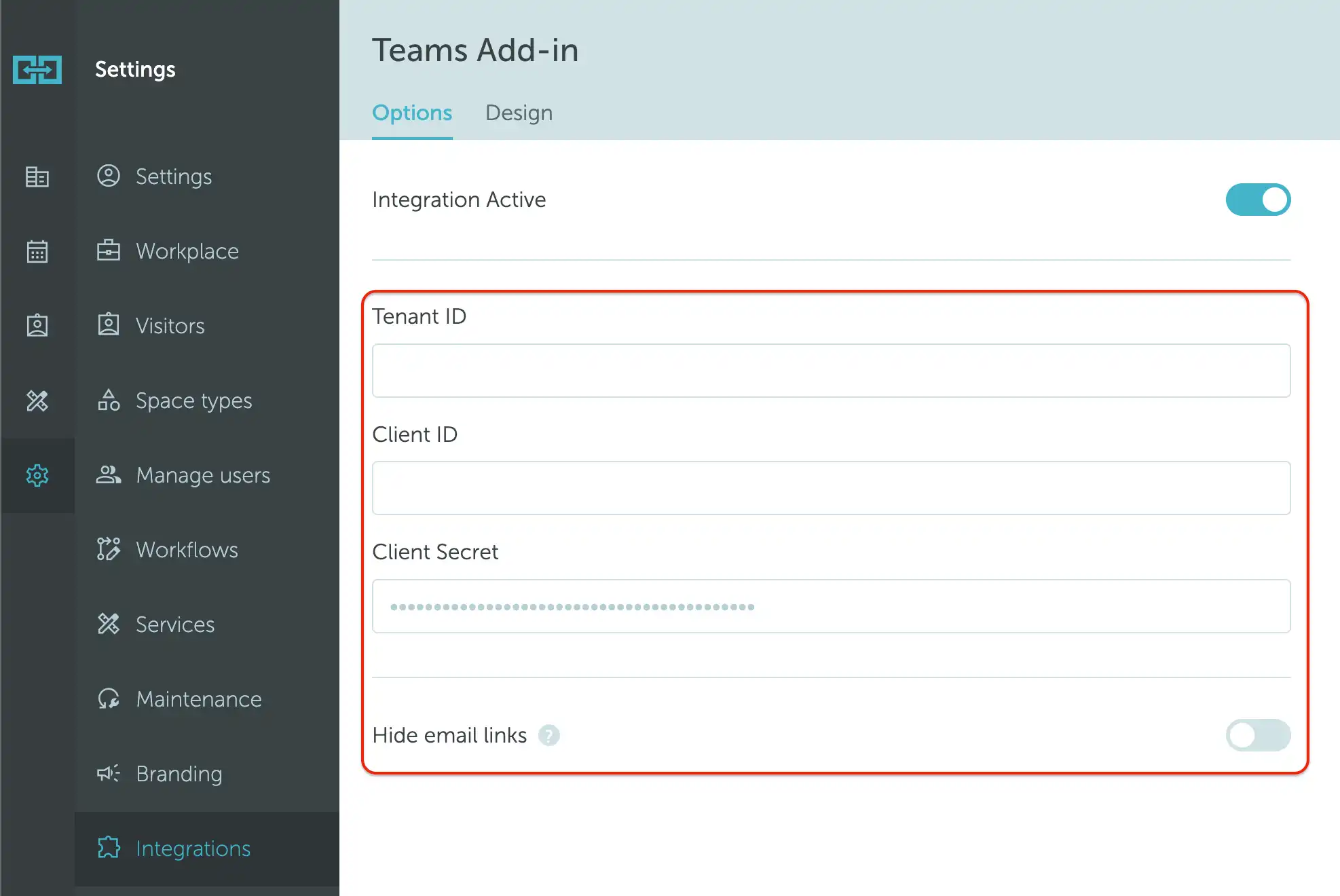 Microsoft Teams Add-in options in YAROOMS