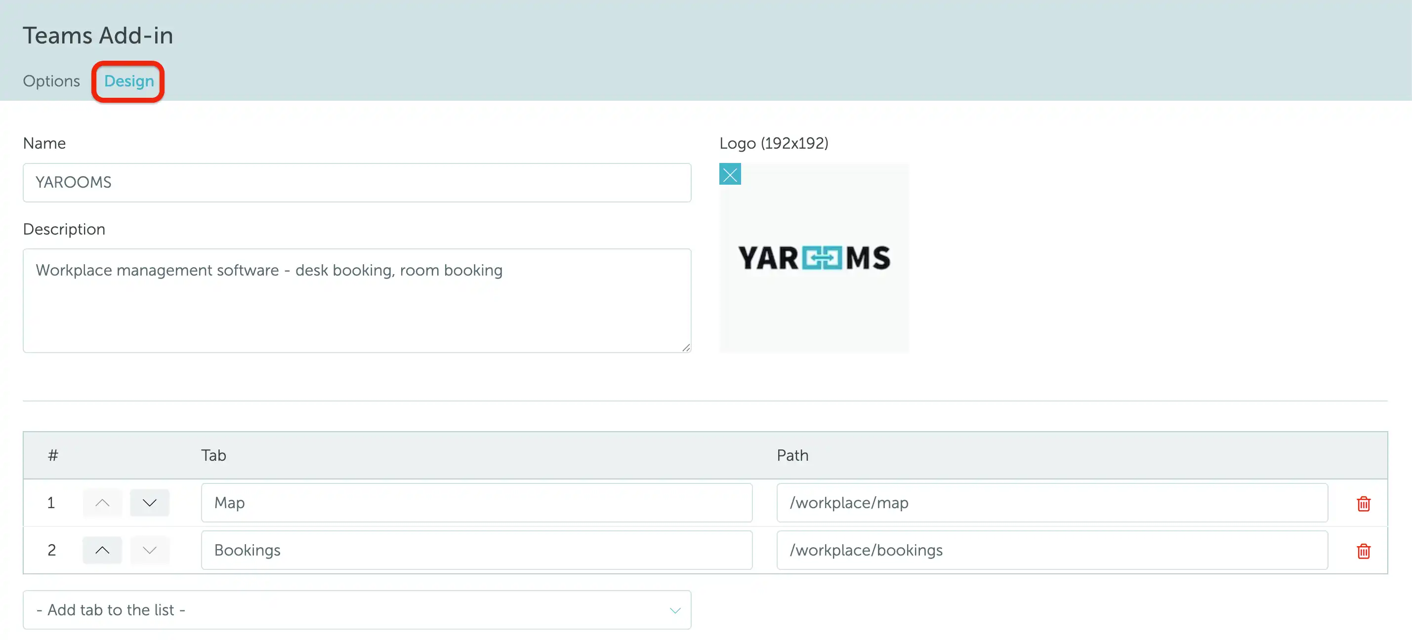 Design tab for the Microsoft Teams Add-in in YAROOMS