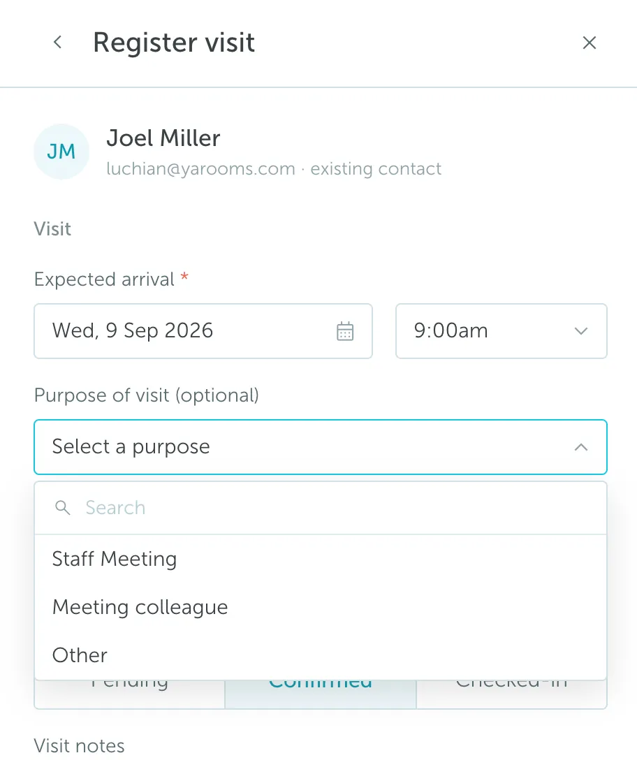 Purpose of visit dropdown in registration flow