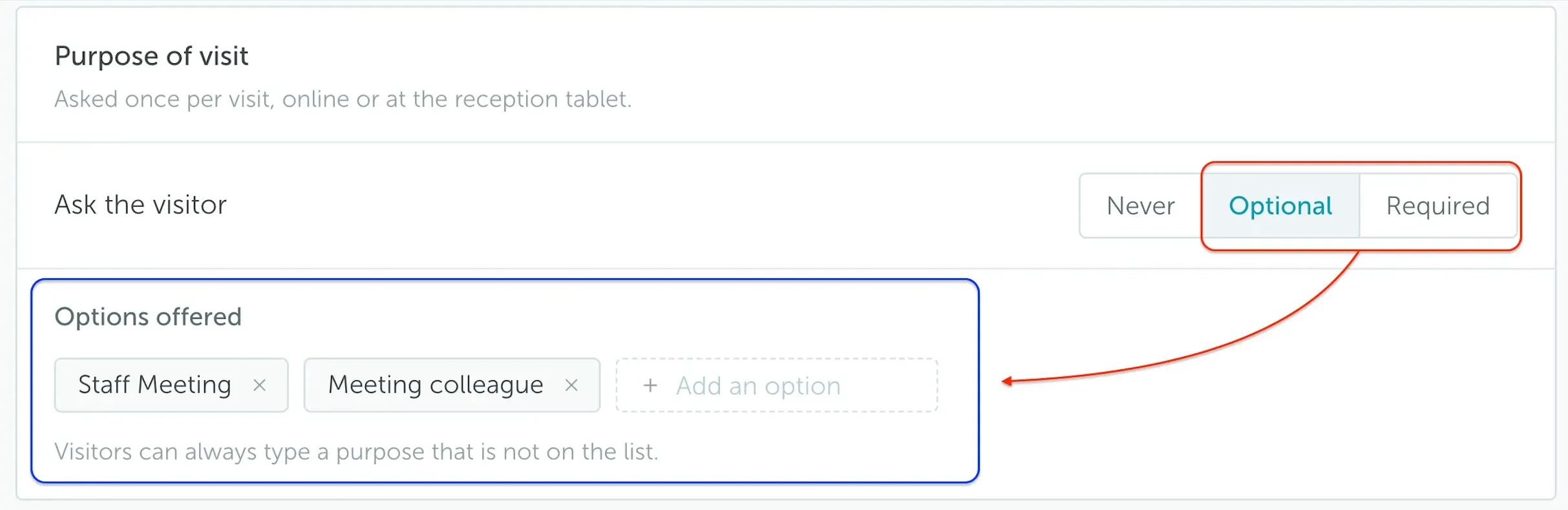 Purpose of visit fields after enabling