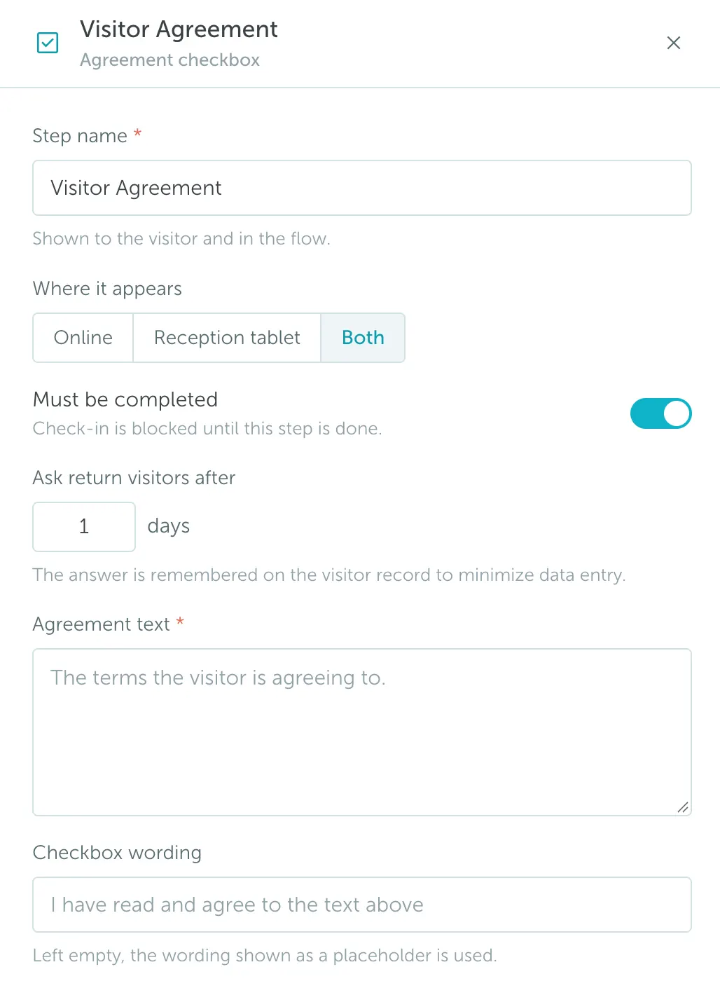 Agreement checkbox step configuration