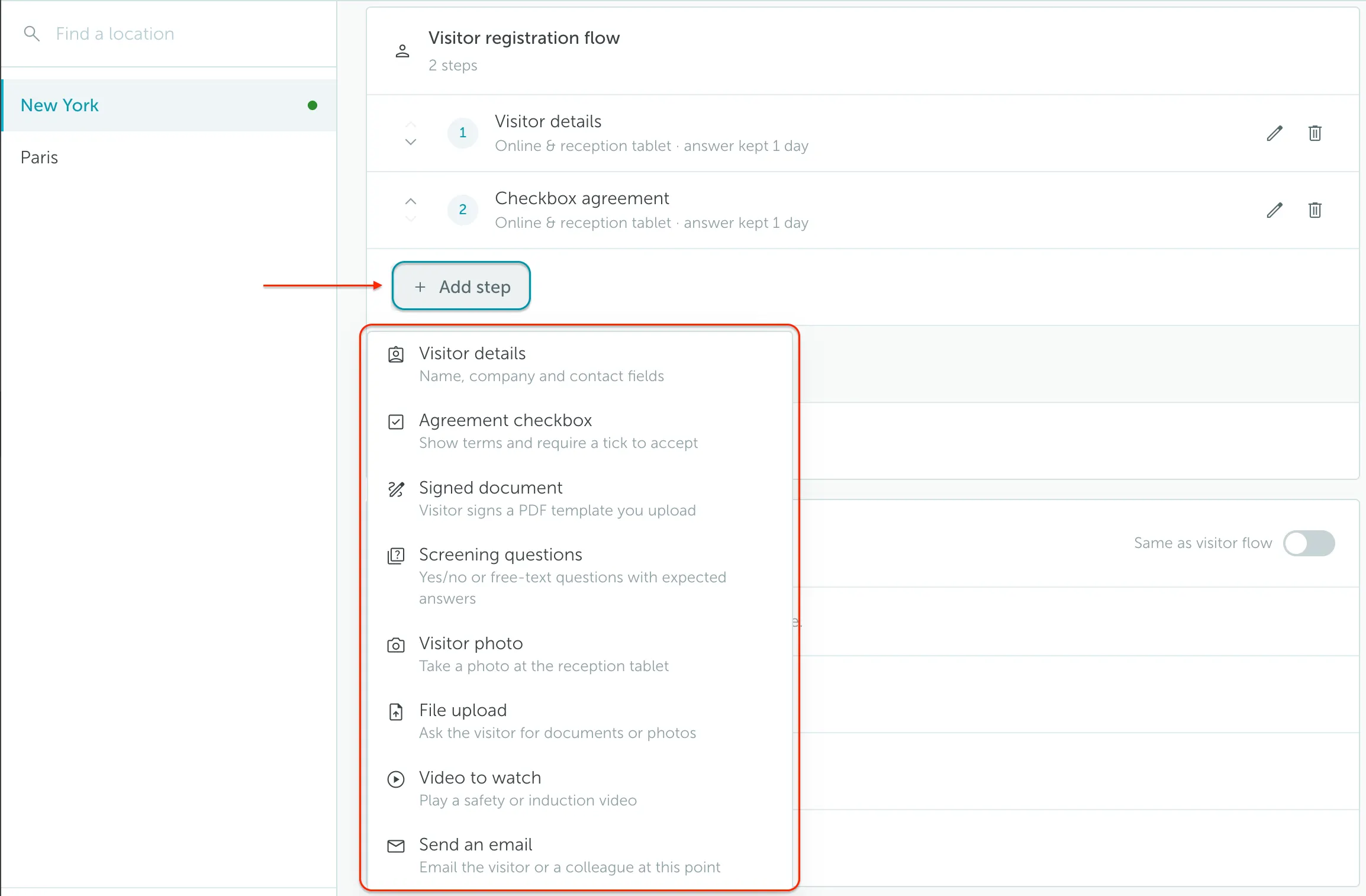 Visitor registration flow settings