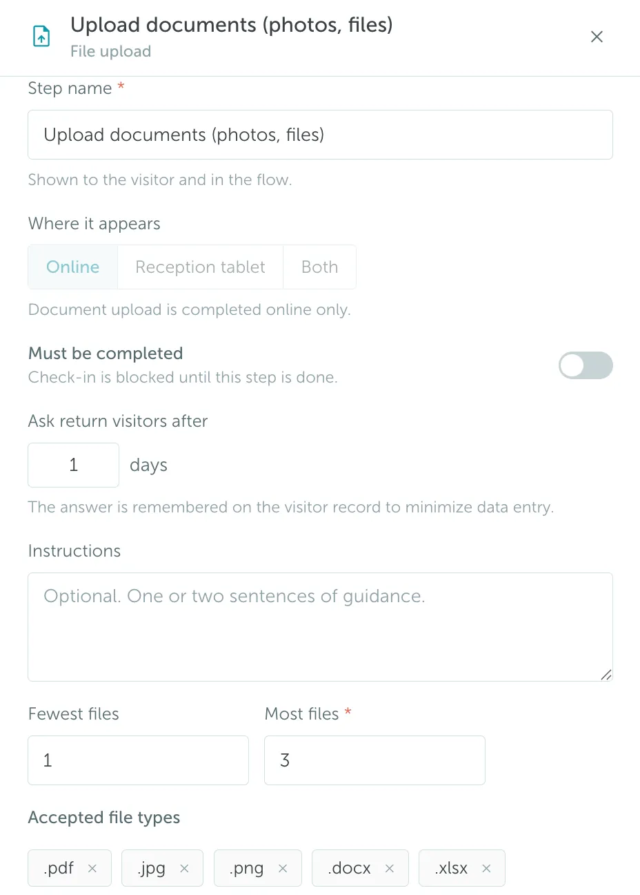 File upload step configuration