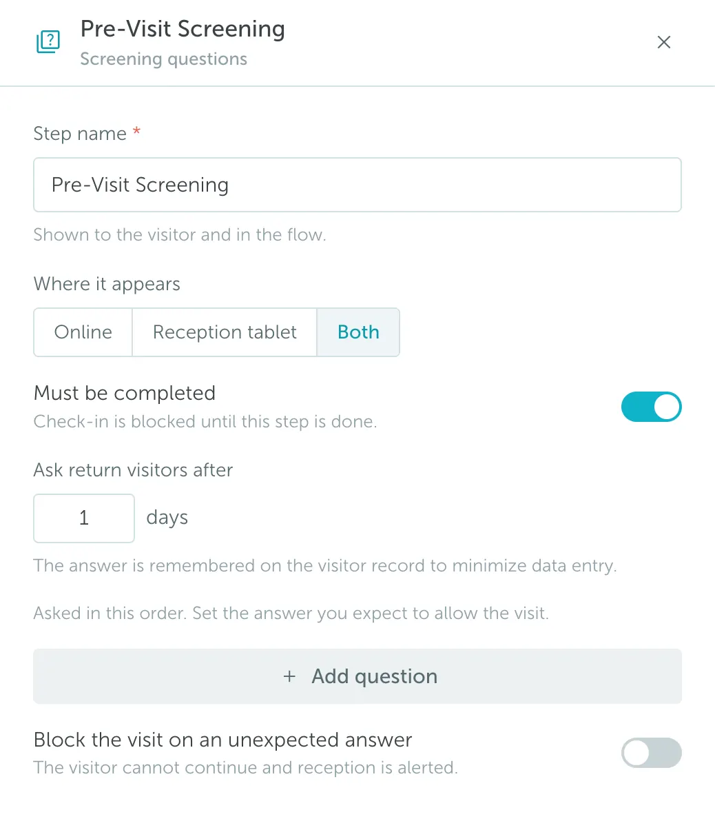 Screening questions step configuration