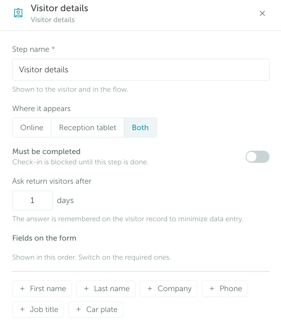 Visitor details step configuration
