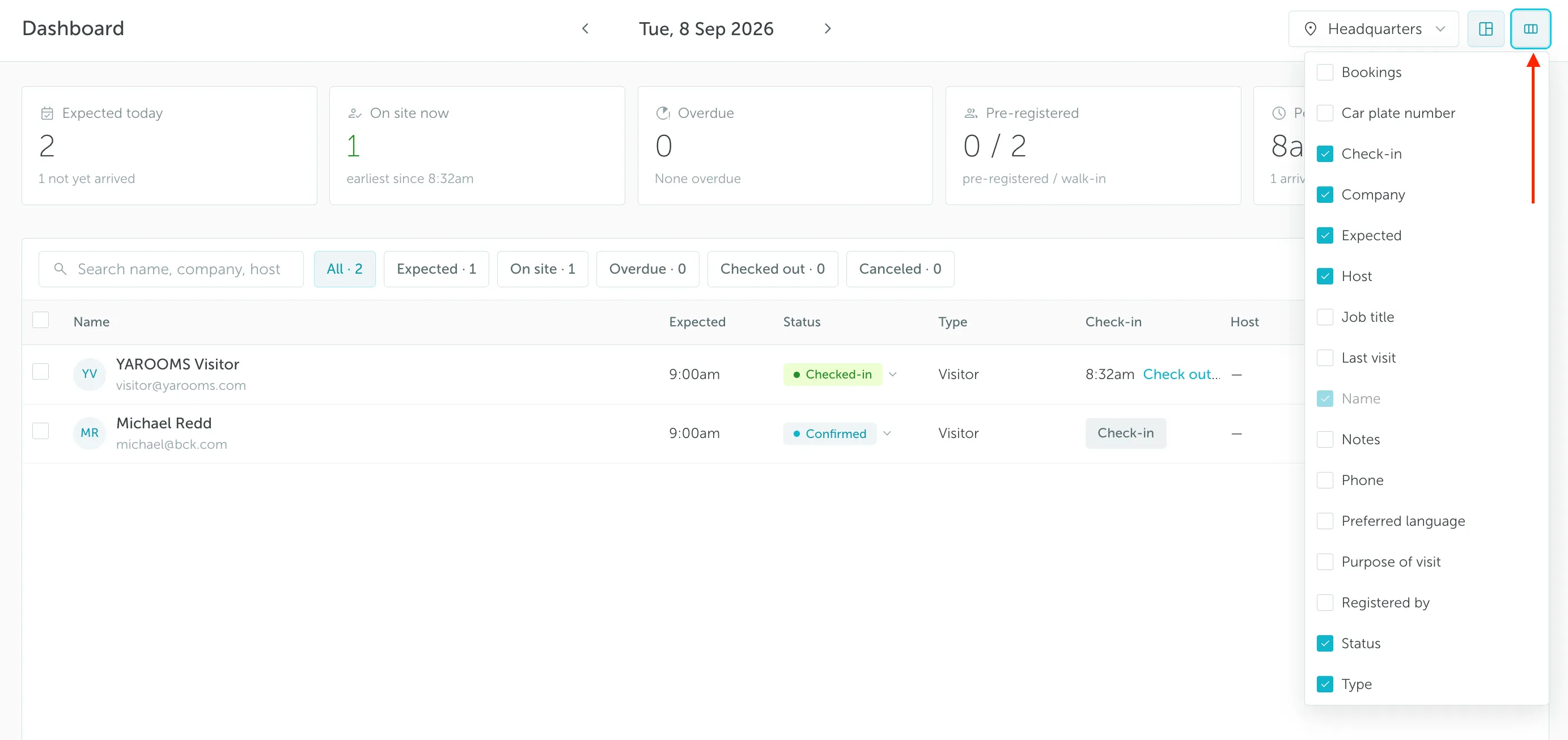 Visitor Management dashboard filter and columns