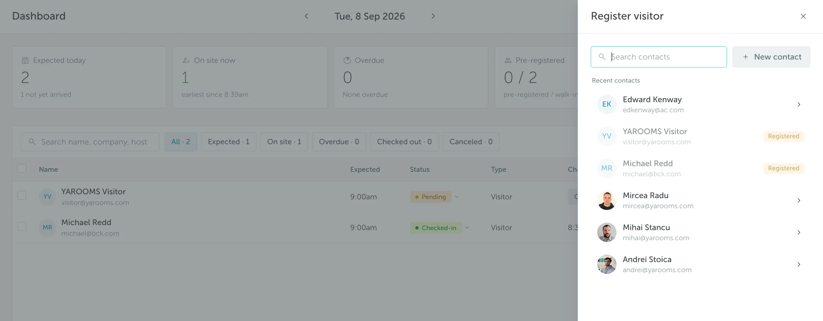 Register visitor panel