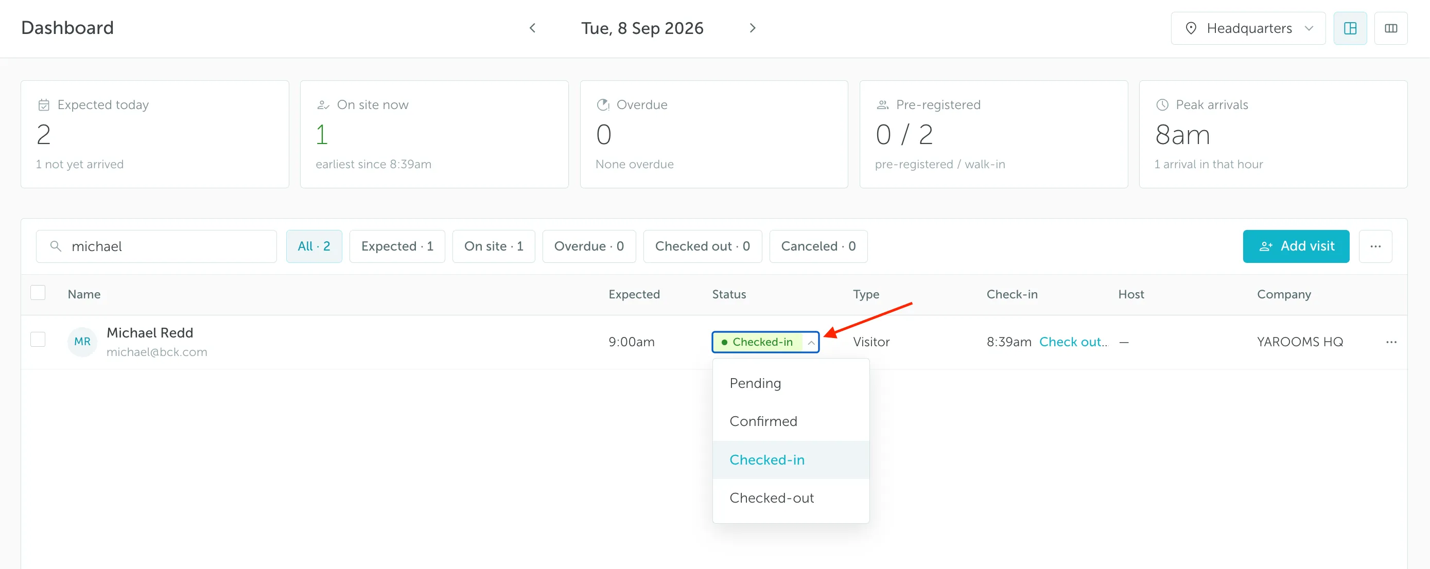 Visitor dashboard status columns