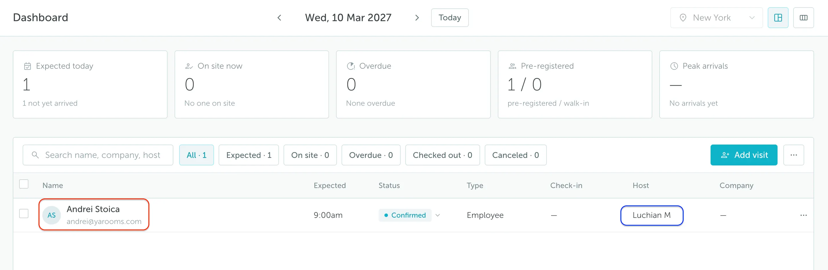 Visitor registered from an email invitation in the Visitor Management dashboard