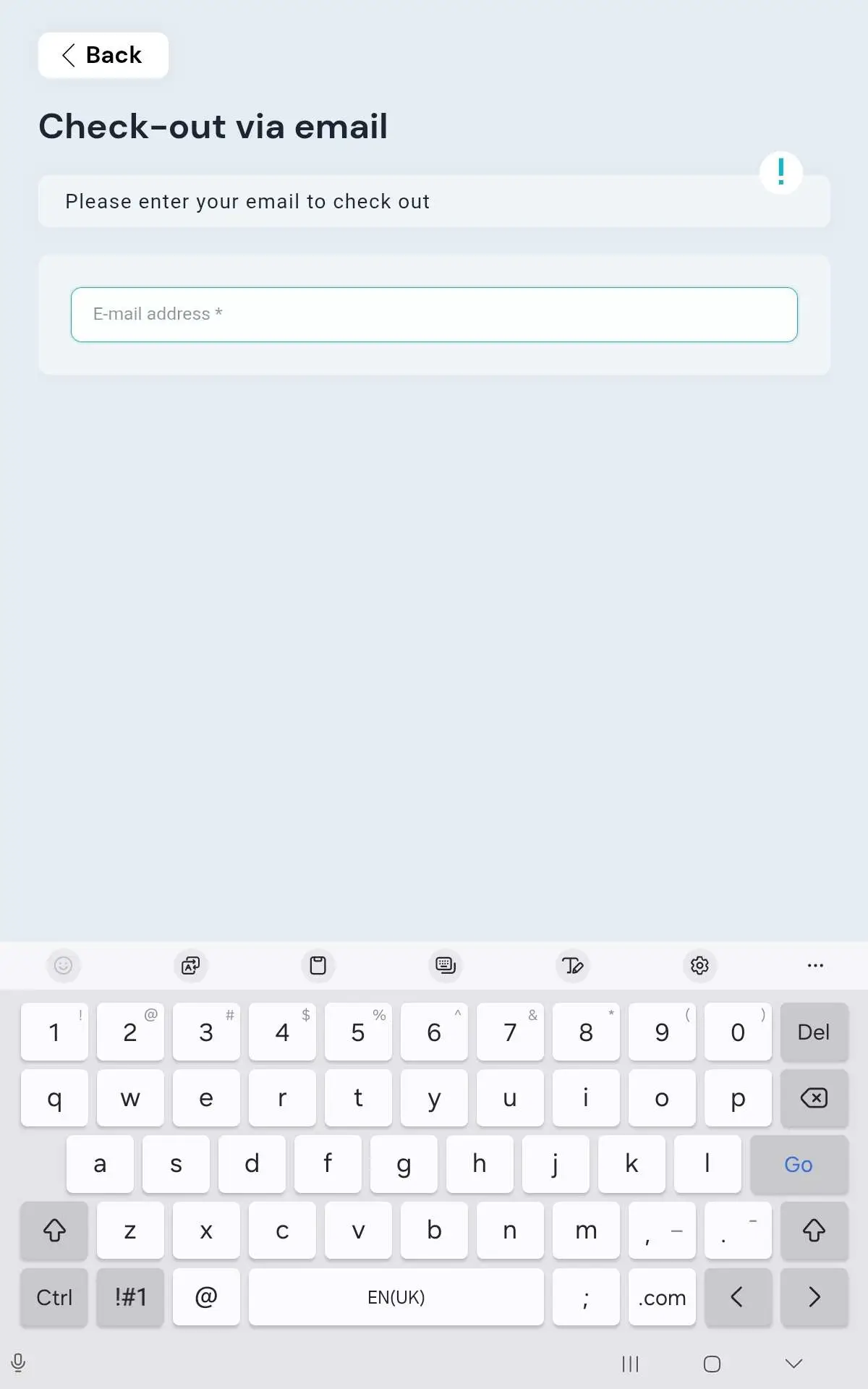 Check-out via email screen with the email address field