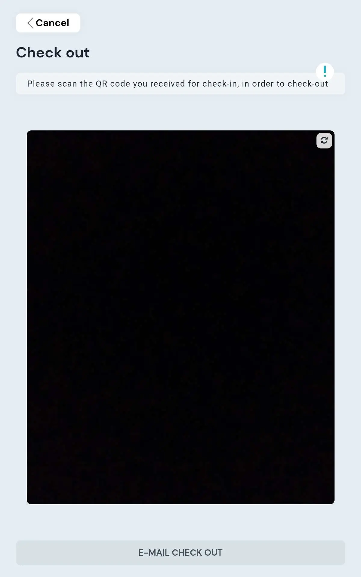 Check-out screen with the QR scanner open