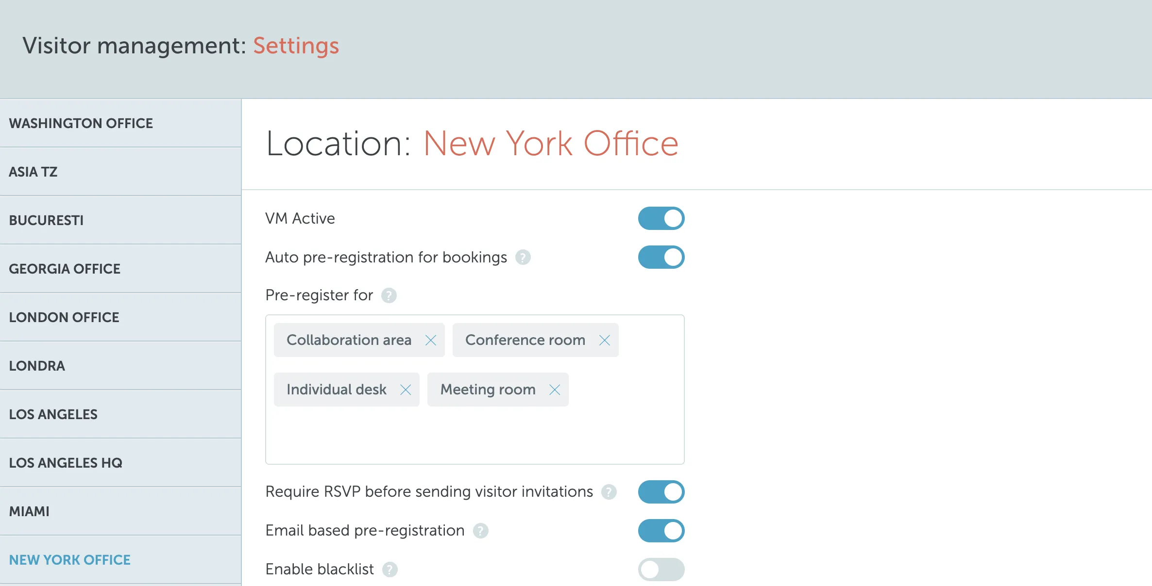 Visitor Management Settings page showing VM Active toggle