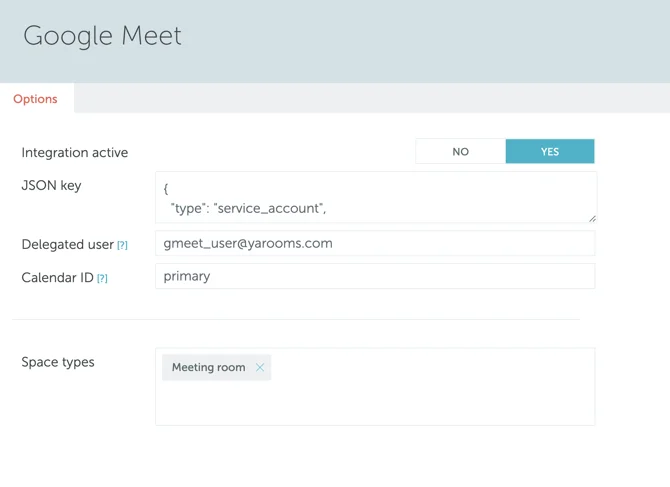 YAROOMS Google Meet integration settings
