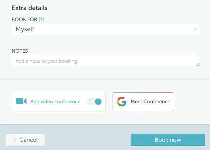 Booking panel showing Google Meet conference option