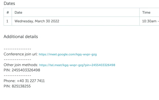 Booking details showing Google Meet information