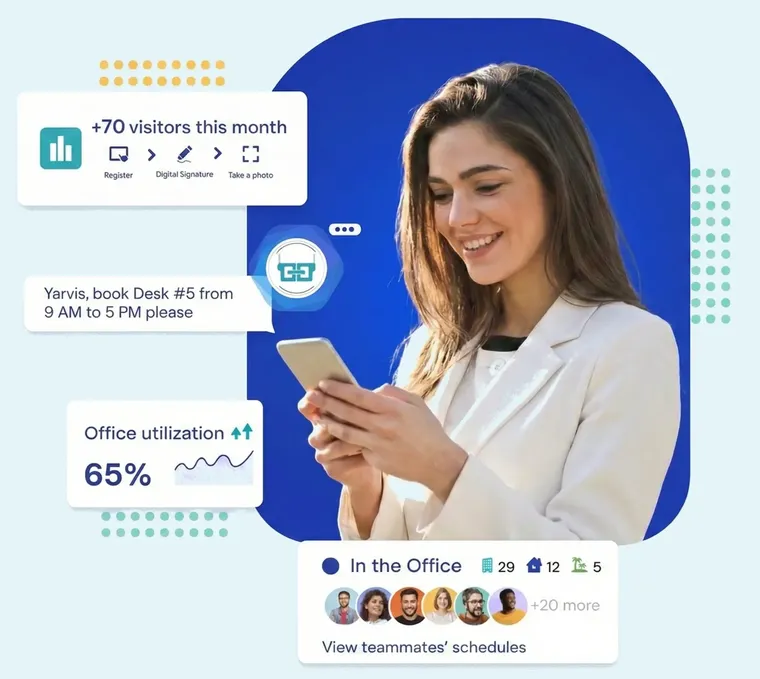 Professional woman using YAROOMS workplace management app with floating UI cards showing visitor stats, office utilization, and team presence