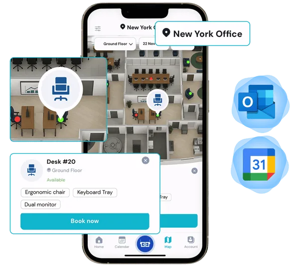Desk and room booking for banking and finance - interactive floor map and calendar sync on mobile and desktop